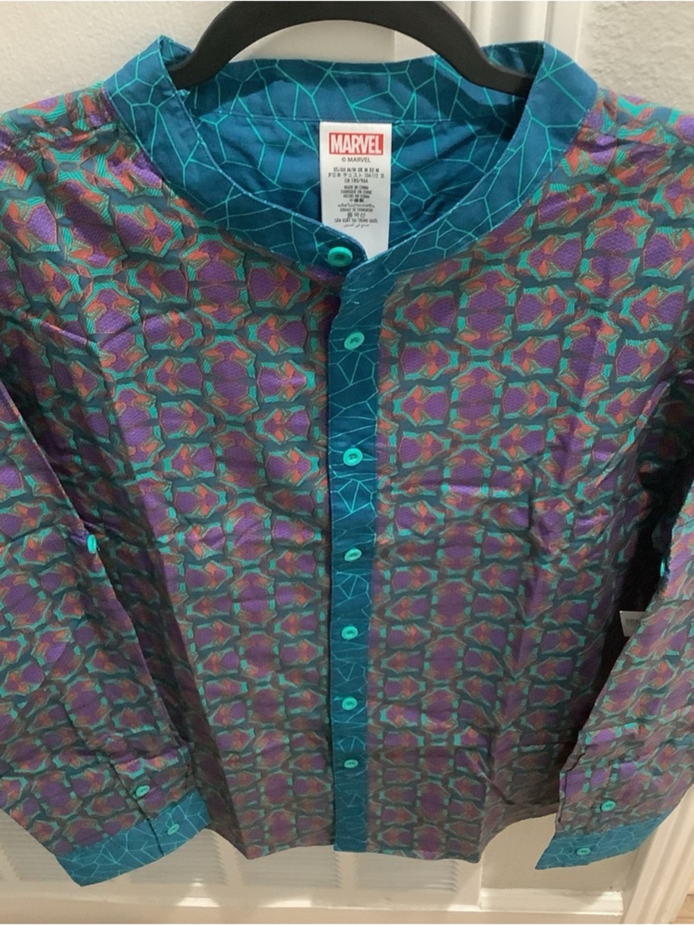 Marvel Black Panther Wakanda Men’s Button-Down Shirt in Teal, Purple and Green